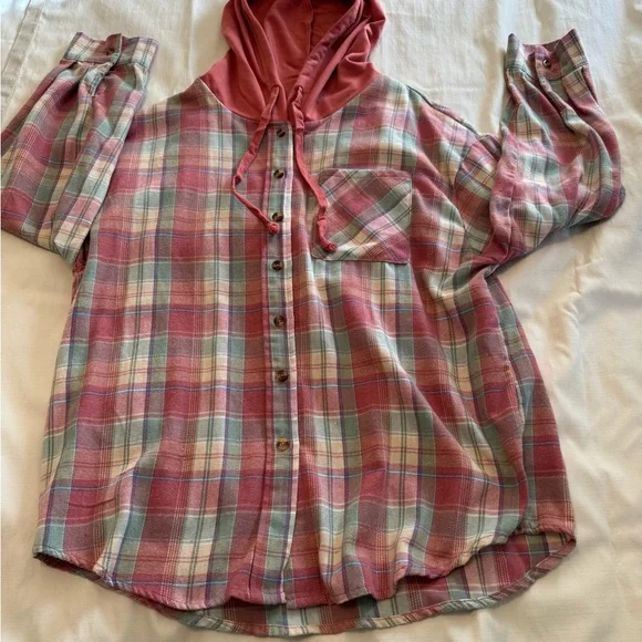 EUC Plaid Hooded Button-Up Shirt Jacket in Rust & Mint XL - Picture 4 of 10